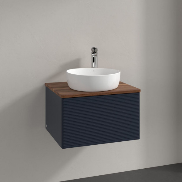 Meuble Pour Vasque à Poser Villeroy et Boch Antao avec Structure 1 trou 1 tiroir 600x360x500mm Midnight Blue Matt Lacquer/Warm Walnut