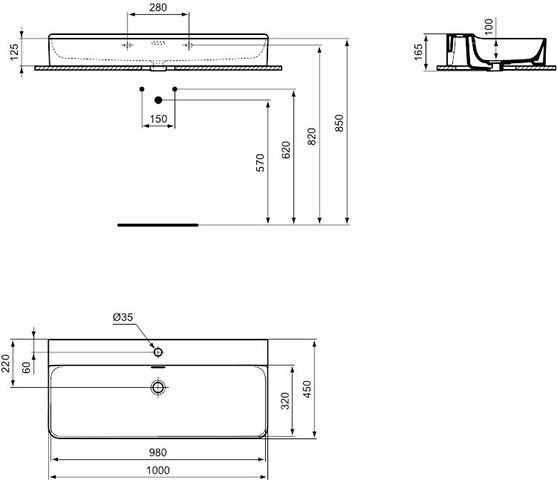 Ideal Standard Hangende Wastafel CONCA 1 gat met overloop 1000x165x450mm Wit