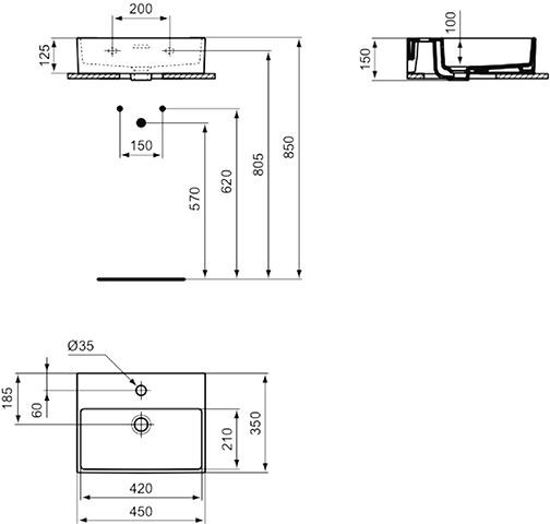 Ideal Standard Fontein Toilet EXTRA geslepen, 1 gat met overloop IdealPlus 450x150x350mm Wit Ideal +