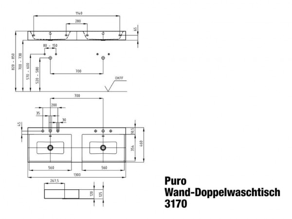 Dubbele Wastafel Kaldewei Puro voor wandmontage model 3170 met overloop