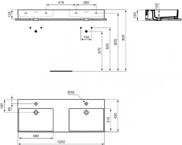 Ideal Standard Dubbele Wastafel EXTRA geslepen, 1 gat met overloop 1200x150x450mm Wit