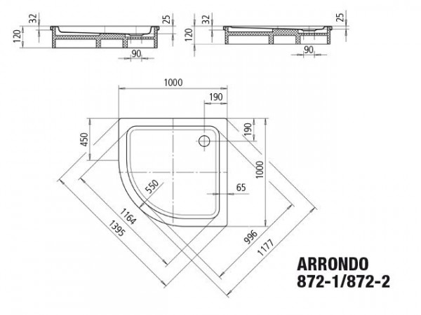 Kaldewei Arrondo douchebak plaatstaal kwartrond 100x100x2.5 pergamon 460200010231