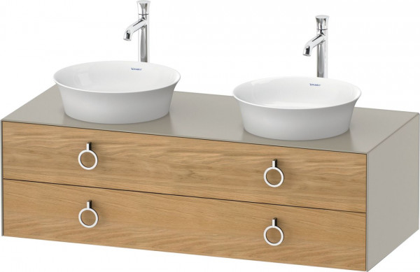 Meuble Double Vasque Duravit White Tulip 2 tiroirs, 4 poignées 1300x408mm Chêne Naturel Massif/Taupe Mat Soyeux WT4993BH560