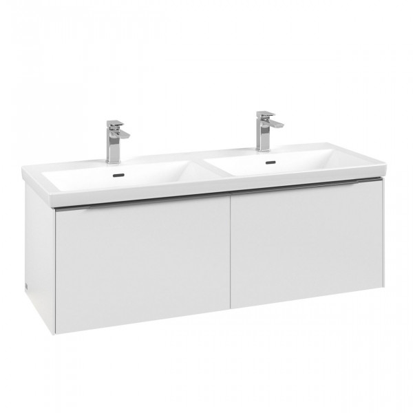 Villeroy & Boch Subway 3.0 wastafelonderkast 130x40x45cm met aluminium glanzende greep met LED verlichting 2 sifonuitsparingen links en rechts spaanplaat Pure White C567L0VF