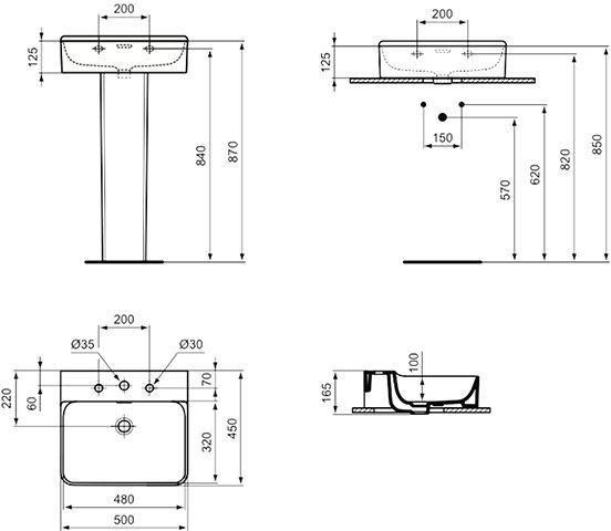 Ideal Standard Hangende Wastafel CONCA 3 Gaten met overloop 500x165x450mm Wit