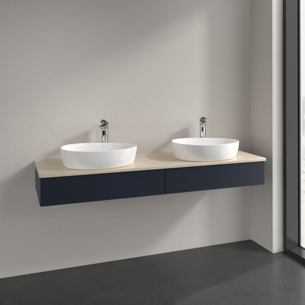 Meuble Double Vasque Villeroy et Boch Antao avec Structure, Lumière 2 x 1 trou 2 tiroirs en longueur 1600x190x500mm Midnight Blue Matt Lacquer/Boticcino