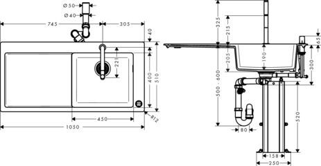 Hansgrohe Inbouw Spoelbak C51 Pack met afdruipplank Zwart Grafiet/Chroom 1050 mm 43219000