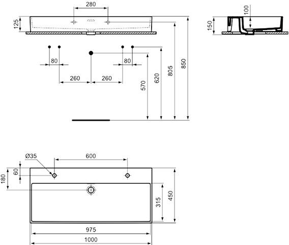 Ideal Standard Dubbele Wastafel EXTRA geslepen, 2 Gaten met overloop 1000x150x450mm Wit