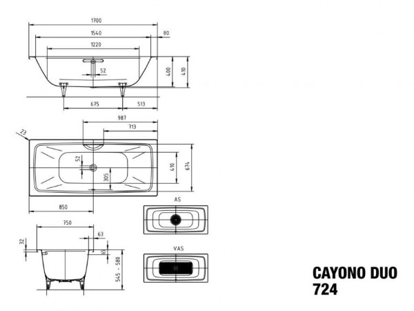 Kaldewei Standaard Bad model 724 met gat voor handgreep Cayono Duo (272410110)