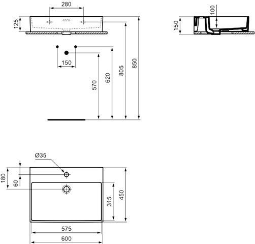 Ideal Standard Hangende Wastafel EXTRA 1 gat met overloop IdealPlus 600x150x450mm Wit Ideal +