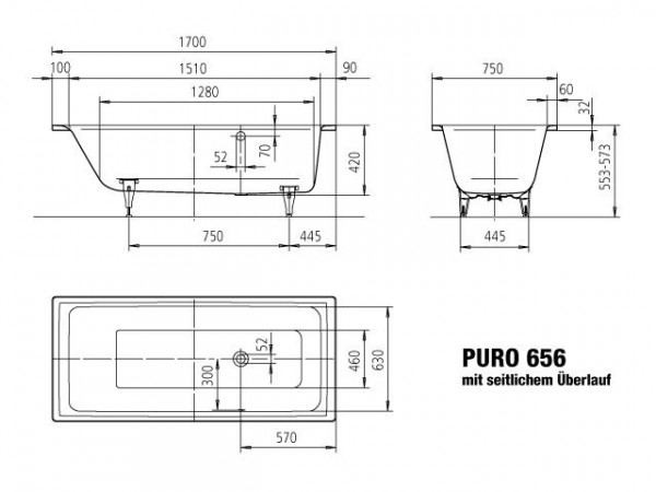 Kaldewei Standaard Bad met zijoverloop model 656 Puro (256623000)