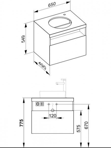 Wastafel Onderkast Keuco Stageline 1 lade, Met licht, gat rechts, 650x550x490mm Vulkaniet