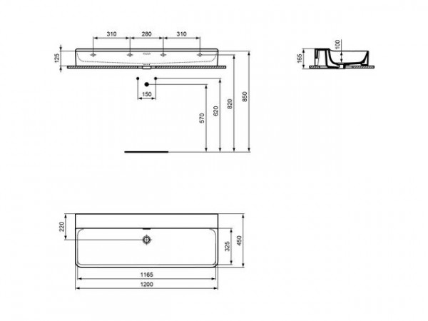 Ideal Standard Hangende Wastafel CONCA geslepen, met overloop 1200x165x450mm Wit