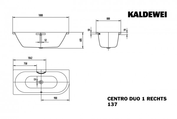 Kaldewei Afgerond Standaard Bad model 137, 1 rechterhoek Centro Duo (283700010)