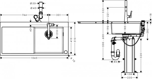 Hansgrohe Select-F450-02 Spoelbakcombinatie 450mm Select met afvoerplaat (43208)