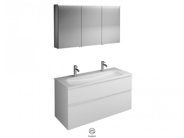 Set Meuble Salle De Bain Burgbad Fiumo 2 tiroirs dont 1 structure plissée, Armoire de Toilette 2 portes, Lavabo double 1220mm Personnalisable SFXW122-PN491