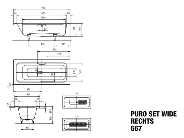 Kaldewei Standaard Bad rechts model 667 met gat voor handgreep Puro Set Wide (261010110)