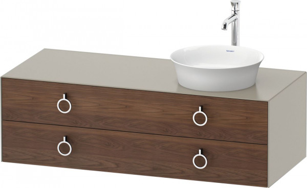 Meuble Pour Vasque à Poser Duravit White Tulip 2 tiroirs, 4 poignées, vasque droite 1300x408mm Noyer américain massif/Taupe Mat Soyeux WT4992R7760