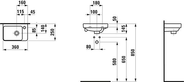 Fontein Toilet Laufen PRO S overloop, wastafel links 360mm Wit