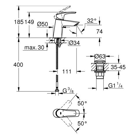 Grohe Eurosmart waterbesparende wastafelkraan s-size met pop-up waste chroom 23968003