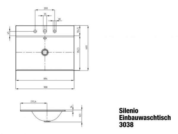 Kaldewei Onderbouw Wastafels mod. 3038 zonder overloop, 3 kraangaten Silenio (907806273)