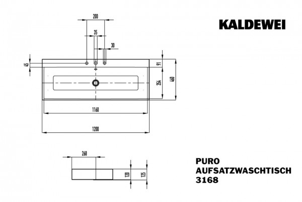 Countertop wastafel Kaldewei , model 3168 met overloop Puro (907006003)