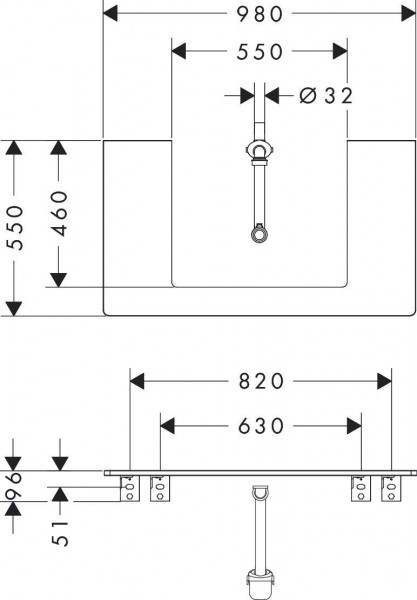 Wastafelblad Hansgrohe Xelu Q 1 Gat in het midden voor een wastafel van 550 mm 980x550mm Glanzend...