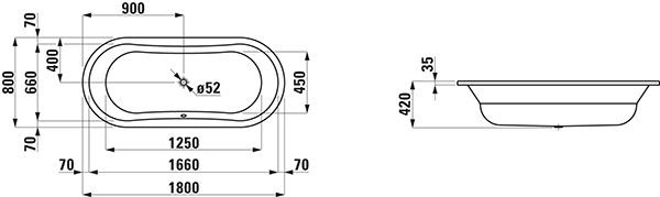 Ligbad Laufen THALLIUM ovaal verzonken 1800x800x420mm Wit