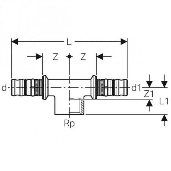 Geberit Snelkoppeling Mepla T-stuk met binnendraad d63-Rp1/2-63