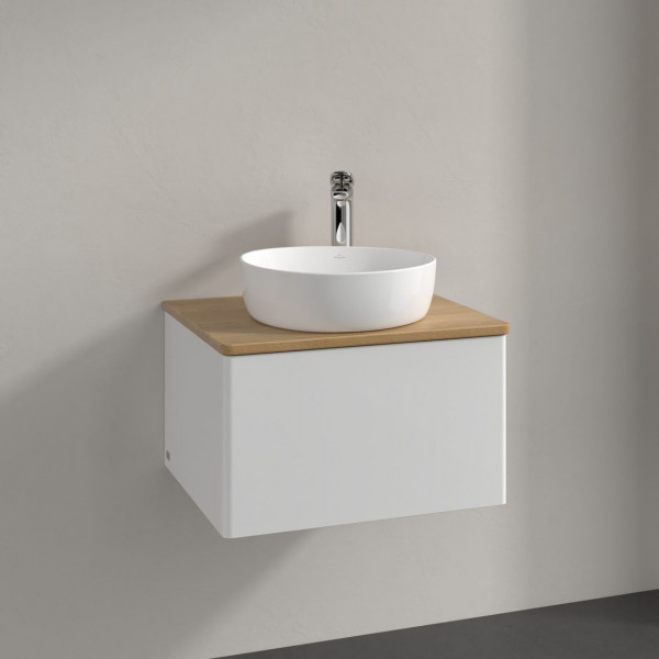 Meuble Pour Vasque à Poser Villeroy et Boch Antao Lumière 1 trou 1 tiroir 600x360x500mm Glossy White Lacquer/Honey Oak