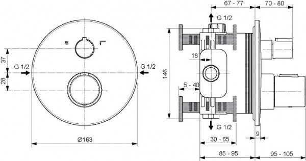 Thermostaatkraan Bad Ideal Standard Ceratherm T100 inbouw, 2 stopcontacten, veiligheidsvoorzienin...