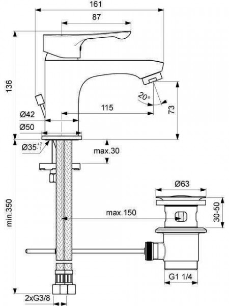 Ideal Standard Wastafelmengkraan ALPHA Metalen afwateringsrand 1 gat 136 mm Chroom