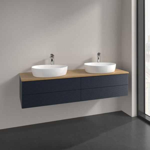 Meuble Double Vasque Villeroy et Boch Antao avec Structure, Lumière 2 x 1 trou 4 tiroirs 1600x360x500mm Midnight Blue Matt Lacquer/Honey Oak