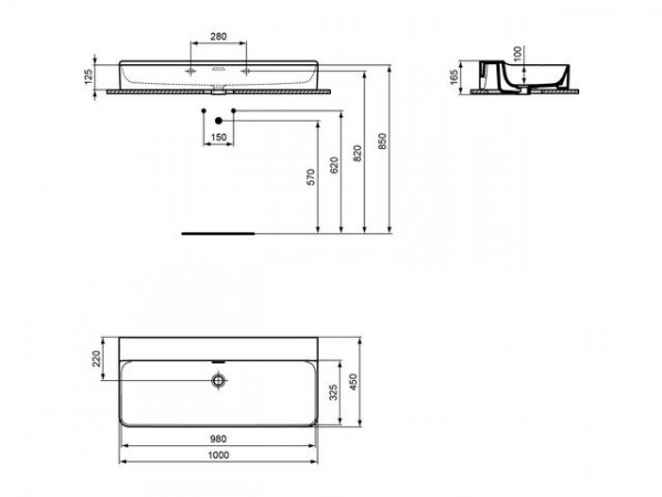 Ideal Standard Hangende Wastafel CONCA met overloop IdealPlus 1000x165x450mm Wit Ideal +