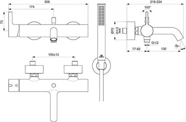 Thermostatische Mengkraan Bad Douche Ideal Standard JOY met handdouche Magnetisch Grijs