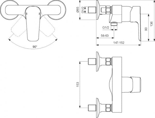 Ideal Standard Douchemengkraan opbouw, Zwitserse uitvoering, uitsteeksel 147-152 mm Ceraplan III