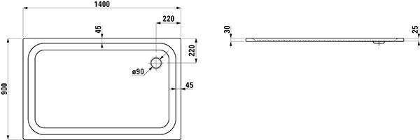 Douchebak Rechthoekig Laufen PLATINA zijafvoer 1400x900x25mm Wit