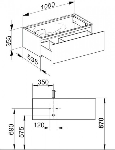 Wastafel Onderkast Keuco Edition 11 1 lade, Wastafel links 1050x350x535mm Gestructureerd antraciet