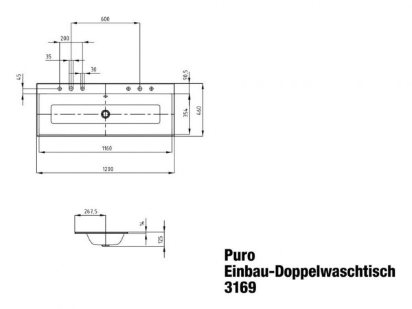 Kaldewei Onderbouw Wastafels mod. 3169 met overloop, zonder kraangat Puro (907106003)