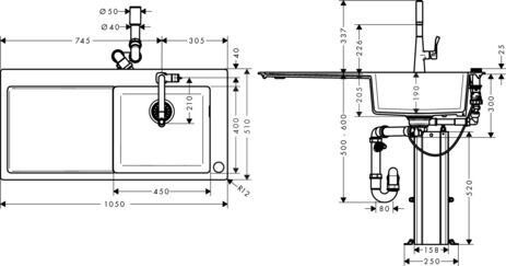 Hansgrohe Inbouw Spoelbak C51 Pack met afdruipplank Zwart Grafiet/Chroom 1050 mm 43214000