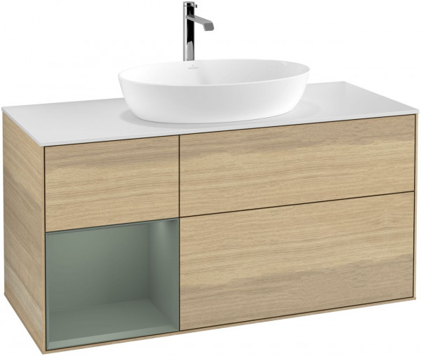 Meuble Pour Vasque à Poser Villeroy et Boch Finion Oak Veneer/Olive/Glass White FA61GMPC