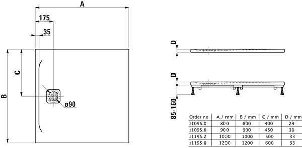 Douchebak Vierkant Laufen PRO zijafvoer 800x800x29mm Wit