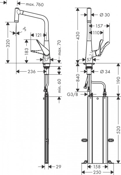 Hansgrohe SBox16-H320 Eéngreeps keukenmengkraan met uittrekbare vaatdouche SBox (73801)