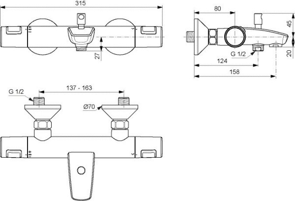 Thermostatische Mengkraan Bad Douche Ideal Standard CERATHERM T25 met omkeerventiel Chroom