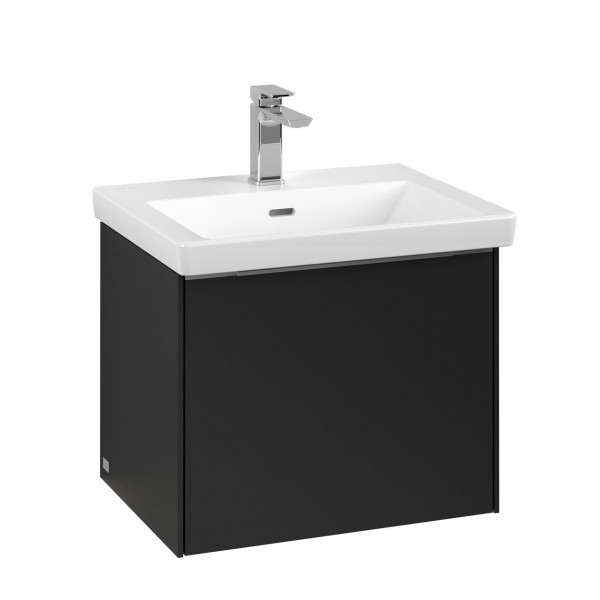 Villeroy & Boch Subway 3.0 wastafelonderkast 55x40x40cm met aluminium glanzende greep 1 softclose lade met LED verlichting 1 sifonuitsparing spaanplaat volcano black c579l0vl