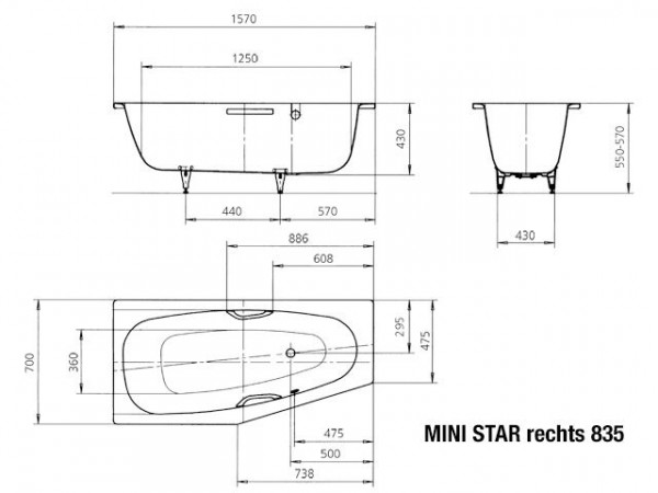 Kaldewei Hoekbad rechts 835 Mini Star (224500010)