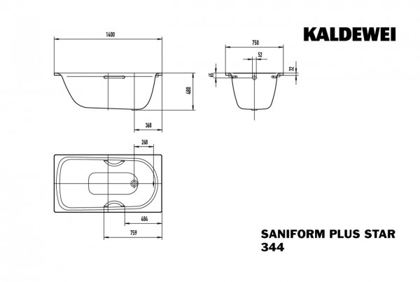Kaldewei Standaard Bad model 344 Saniform Plus Star (134400010)