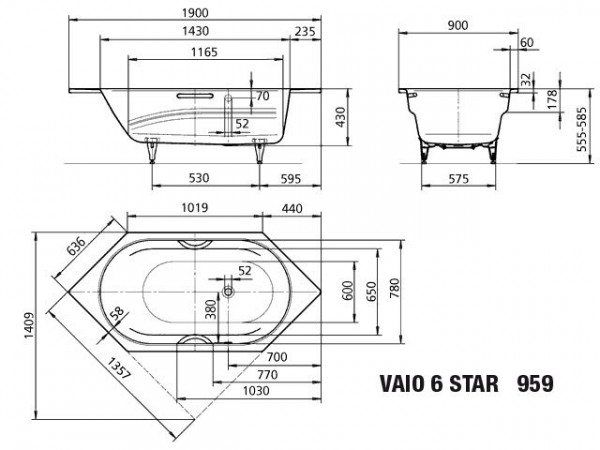 Kaldewei Vaio 6 Star bad plaatstaal zeshoekig met greepmontage 190x90x43cm zonder greep zelfreinigend wit 233900013001
