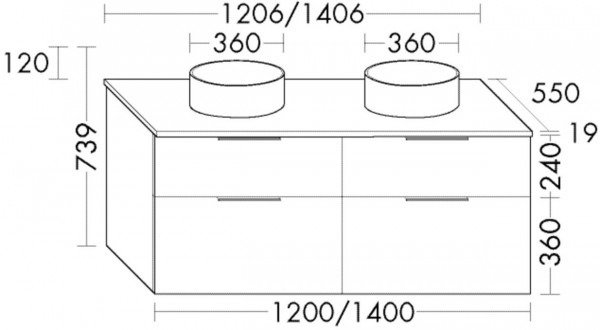 Set Meuble Salle De Bain Burgbad Eqio Double Vasque, Meuble 4 tiroirs 1406x739mm Personnalisable SGUO140-PN258