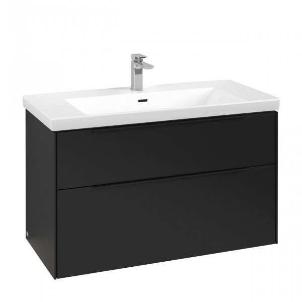 Villeroy & Boch Subway 3.0 wastafelonderkast 100x55x45cm met Volcano Black greep 2 softclose lades met LED verlichting 1 sifonuitsparing spaanplaat volcano black c570l1vl